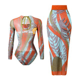 S - XXL Printed Long Sleeve With Sarong One Piece Swimsuit Women Swimwear Female Flowers Padded Bather Bathing Suit Swim K7181
