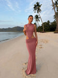FDYOUI Elegant Sexy Sleeveless Backless Long Holiday Beach Dress Women Chic Hollow Out Solid Long Maxi Evening Party Dresses