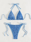 Sexy Sequin Blue Micro Bikini Set Women Shiny Push Up Bra Tie Side Triangle Swimsuit Summer Bathing Suit Holiday Swimwear 2026