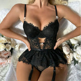 Sexy Crotchless Lingerie Women Lace Hollow Bodysuit Exotic Pajamas Teddy Babydoll Dress Deep V Open Bra Porno Underwear Set