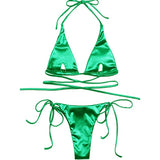 Sexy Satin Halter Brazilian Padded Bikini Female Swimsuit Women Swimwear Two-Pieces Bikini Set Bather Bathing Suit Swim V4966S