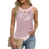 Women's Sequin Glitter Tank Tops Sleeveless Crew Neck Slim Fit Camisole For Holiday Backless Bow Tie Streetwear Party Club Vest