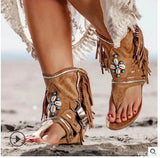 Retro Women Fringe Flower Wedges Shoes 2022 Solid Flock Beach Casual Sandals Women Summer Flip Flop Sandals