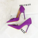 BIGTREE Pumps Elegant Pointed Crystal Buckle Slim High Heel Single Shoes Women Silk Spring/Summer High Heel Pumps Wedding Dress