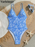 S - XL Flower Floral V Neck One Piece Swimsuit Women Swimwear Female Monikini High Cut Leg Padded Bather Bathing Suit Swim V8079