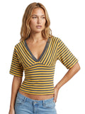 Womens Striped T-shirt Deep V Neck Short Elbow Sleeve Corset Tops 2026 Summer Casual Retro Stylish Shirts