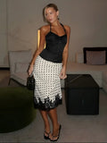 FDYOUI Elegant Polka Dot White Skirts for Women Chic Low Waist Lace Patchwork Mid-calf Skirt Office Lady Slim Dress Streetwear