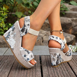 Bohemian Floral Printed Wedge Heel Sandals Women Summer Slip On Chunky Platform Sandles Woman Elastic Strap High Heels Sandals