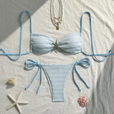 Sexy Sky Blue Micro Bikini 2026 Women Metal Starfish Ornament Pleate Push Up Tie Side Thong Swimsuit Beach Bathing Suit Swimwear