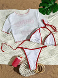 Cherry Print Mesh Short Sleeve Bikini Female Swimsuit Women Swimwear Three-pieces Bikini Set Micro Bathing Suit Swim Beachwear