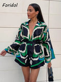 Foridol Oversized Green Print Boho Women Shorts Sets Shirts Shorts Pants Three Pieces Fashion Suits Matching Sets 2025 Summer