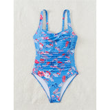 S - XL Sexy Flowers Printed Floral Wrinkled One Piece Swimsuit Women Swimwear Female High Leg Cut Bather Bathing Suit Swim V5816