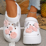 Pink Flowers Chunky Platform Clogs Sandals Woman Fashion Crystals Butterfly Wedges Sandles Woman Summer High Heels Garden Shoes