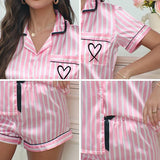 Ladies' Summer Striped Embroidered Love Victoria Style Pajama Set Short Sleeve Top Short Pants Casual  Two Piece Home Clothing