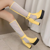 Plus Size Mesh Fabric Splicing PU High Socks Boots Ankle Buckle Ultra Thick Heel Back Zipper Breathable Summer Knee High Boots