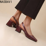 NASBAVI Vintage Womens Square Toes Pumps 6CM Chunky Heels Slingback Sandal Shoes Ladies Summer New Woman Lady Female Sandals