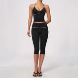 Summer Color Blocking Yoga Suit Women Tracksuit Hanging Neck V Neck Slim Sports Vest Tight Hip Lifting Capri Pants Fitness Sets