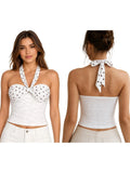Women Lace Halter Neck Crop Tops Slim Fit Dot Print Sleeveless Open Back Vest Stylish Summer Streetwear