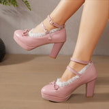Women's Sweet Cute Lace Bow Lolita Platform High Heels, White Pumps Wedding Party Dress Shoes, Big Sizes 33-48