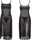 Women Sheer Mesh Lingerie Dress, Black High Slit Nightdress with G-String, Spaghetti Strap Backless Babydoll Sleepwear