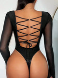 DEKA Black Backless Long Sleeve Swimsuit Women One Piece Thong Swimwear New High Leg Cut Suit Cross-binding straps Bodysuit