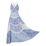 Women's Summer Floral Print Bohemian Long Dress Stylish Lace Patchwork Ruffled Trim Spaghetti Strap V Neck A-Line Dress