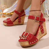 Fashion Buckle Chunky Wedges Sandals Women Red 9.5Cm High Heels Platform Sandles Woman Plus Size 43 Summer Thick Sole Sandalias