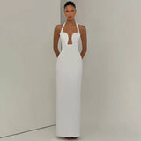 FDYOUI Elegant Chic Halter Hollow Out Bodycon Evening Dress for Women 2026 Summer Backless Sleeveless Long Wedding Party Dresses