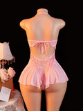 Adult Erotic Bodysuit Lace Hanging Collar Deep V-neck Semi Transparent Women Sexy Lingerie Crotchless Hot Underwear