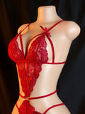 Crotchless Red Sexy Lingerie Women Lace Hollow Bra Set Erotic Costumes Teddy Baby Doll Dress Deep V Open Bra Sexiest Bodysuits