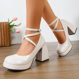 Fashion Ankle Wrap Thick High Heels Pumps Women Elegant Round Toe Platform Mary Jane Shoes Woman Patent Leather Pumps Ladies