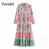 Foridol Floral Print Casual Boho Shirt Dress Maxi Long Autumn Winter Long Sleeve Dress Vestidos 2025 Button Up Dress
