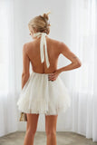 Solid Color Mesh Halter Neck Dresses Women Sexy Backless Leace-up Sleeveless Mini Dress Trendy Elegant Lady Vestidos Summer New