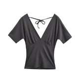 Spring Korean Slim Fit Deep V Neck Tie-Up Clean Face Crop Top Short Sleeve Pullover T-Shirt Base Shirt Solid Color Fashion RM7O