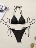 Women Bikini Set Solid Color Triangle Halter Neck Tie Side Two Piece Swimsuit Adjustable String Swimwear for Beach Vacation