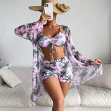 New Sexy 3 Pieces Suit for Women Neck Hanging Bikini Set+Cover-up Swimwear Sunproof Tankini High Waist Shorts Swimsuit Beachwear