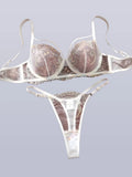 White Iridescent Peacock Feather Embroidered Lace Bra and Panty Set Women Sexy Sheer Mesh Underwear Two Piece