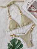 Halter Chains Rhinestone Diamond Bikini Women Swimsuit Female Ribbed Swimwear Two Pieces Bikini set Brazilian Bathing Suit Swim