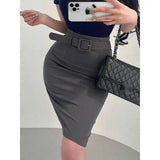 Korean Pure Desire Style Sexy OL High Waist Back Slit Mid Length Skirt Belt School Girl Uniform Fashion Women Mini Skirts UJR8