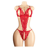 Sexy Red Crotchless Lingerie Open Back Bras BodySuits Transparent Erotic Costumes Deep V  Sexy Lace Fishnet Hollow Underwear Set