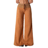 2026 New Women Elegant Solid Color Lace Trim High Waist Wide Leg Pants Casual Loose Palazzo Trousers