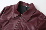 Foridol Wine Red Vintage Faux Leather PU Coat for Women Long Sleeve Turn Down Collar Zipper Autumn Winter Coat Jacket