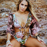 One Piece Swimsuit Sexy Long Sleeve Tropical Print Swimwear Women Bandage Monokini Hollow Out Bathing Suit String Beachwear 2023