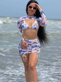 Long Sleeve Printed Halter Bikini Female Swimsuit Women Swimwear Four-pieces Bikini Set with Mesh Skirt Bathing Suit Beach Wear