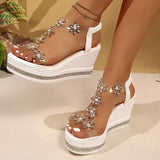 Elegant Rhinestones Flowers Sandals Women Fashion Crystal Chunky Platform Sandles Woman Slip On Wedge High Heels Sandalias Mujer