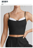 Color-block Fake Two-piece Yoga T Shirts Women Thin Straps Bow Padded Slim Sports Camisole Gym Running Training Fitness Tank Top