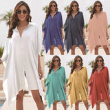 Solid Color Women Cover-ups Cotton Shirt Swimsuit Loose Fitting Robe Beach Vacation Single-breasted Sunscreen Clothing 2026 New
