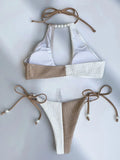 XS - L Splicing Halter Hollow Out Ribbed Bikini Female Swimsuit Women Swimwear Two-pieces Bikini Set Pearls Bathing Suit Swim