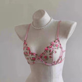 French Floral Bra Set Women | Sweet Sexy Sheer Mesh Lace, Transparent Underwear Set | Practical & Feminine MOYISU Sexy Panty Set