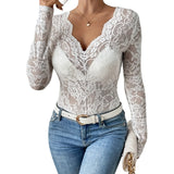 Trendy Women See Through Lace Tops Long Sleeve V Neck Slim Fit Shirts Retro Sexy Blouses Streertwear